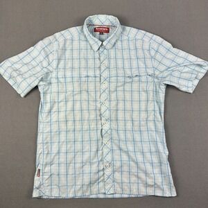 Simms Fishing Shirt‎ Men's Large Blue Plaid UPF Short Sleeve Beach Pockets